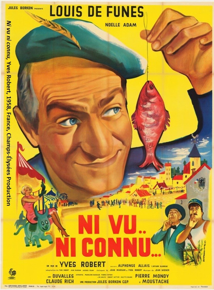Affiche du film Ni vu ni connu : Louis de Funès en béret tenant un poisson au bout de sa ligne