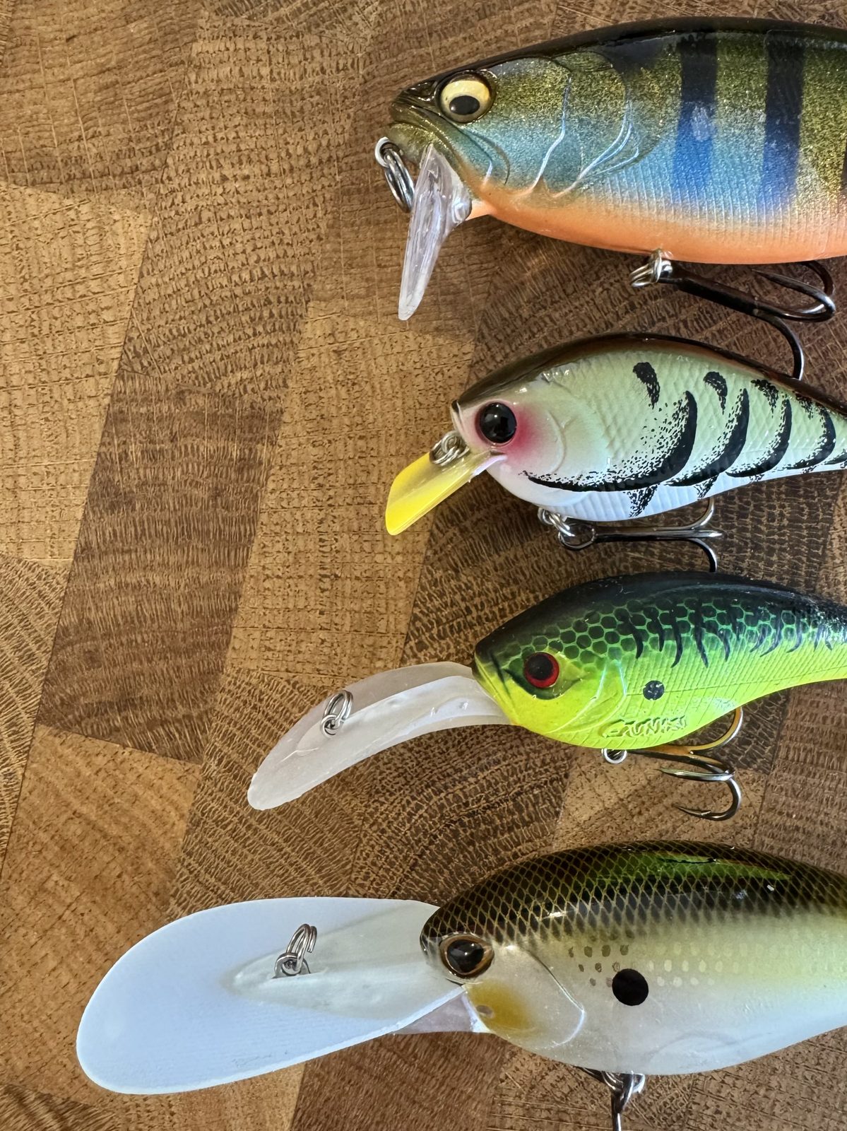 Quatre crankbaits aux bavettes de tailles différentes, du plus superficiel au plus plongeant