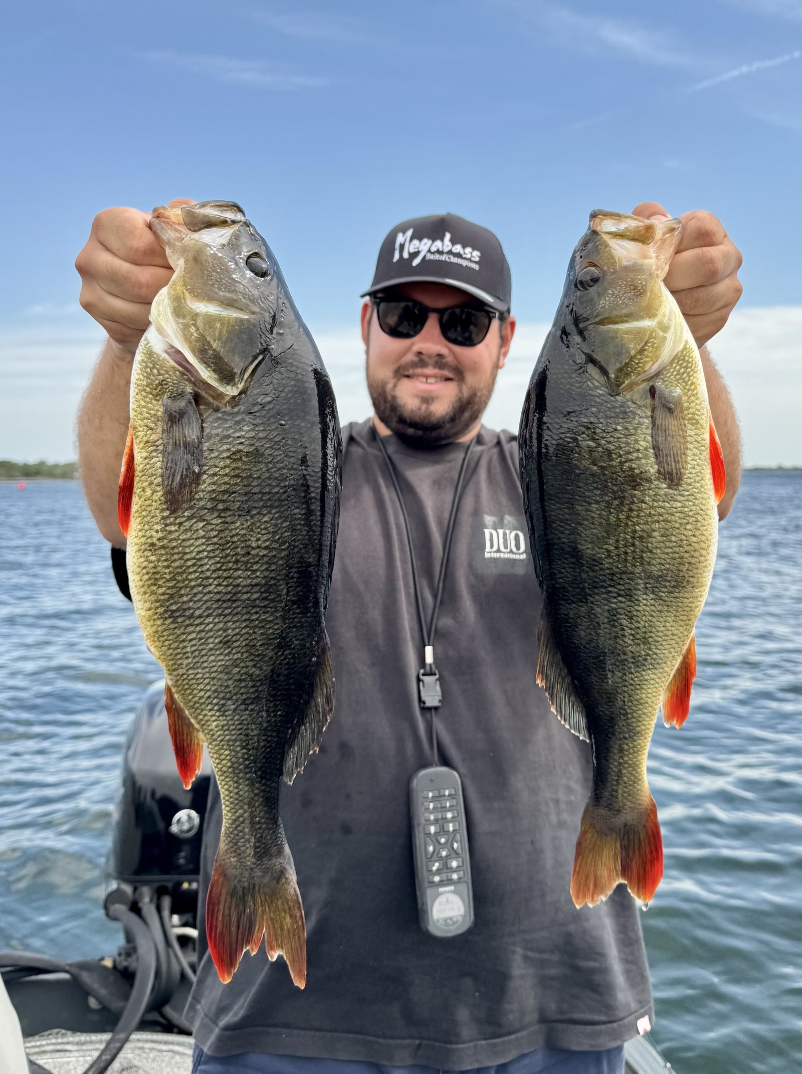 Pêcheur en bateau présentant deux black-bass pris dans le Sud-Ouest