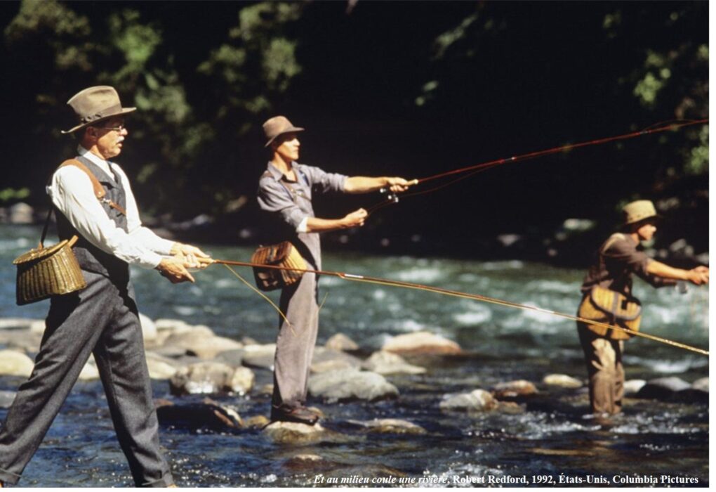 Trois pêcheurs à la mouche dans une rivière du Montana, scène du film Et au milieu coule une rivière de Robert Redford