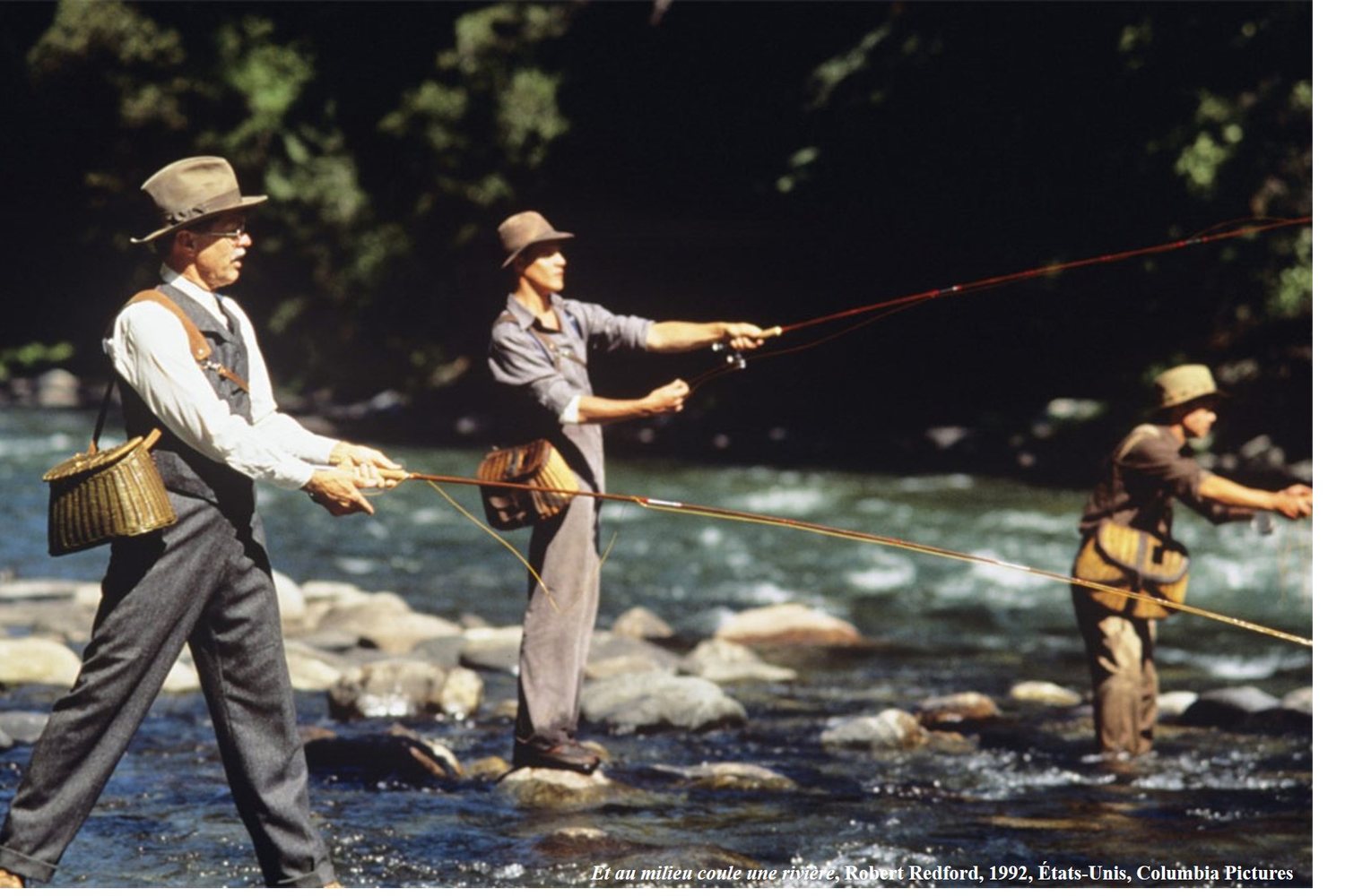Trois pêcheurs à la mouche dans une rivière du Montana, scène du film Et au milieu coule une rivière de Robert Redford