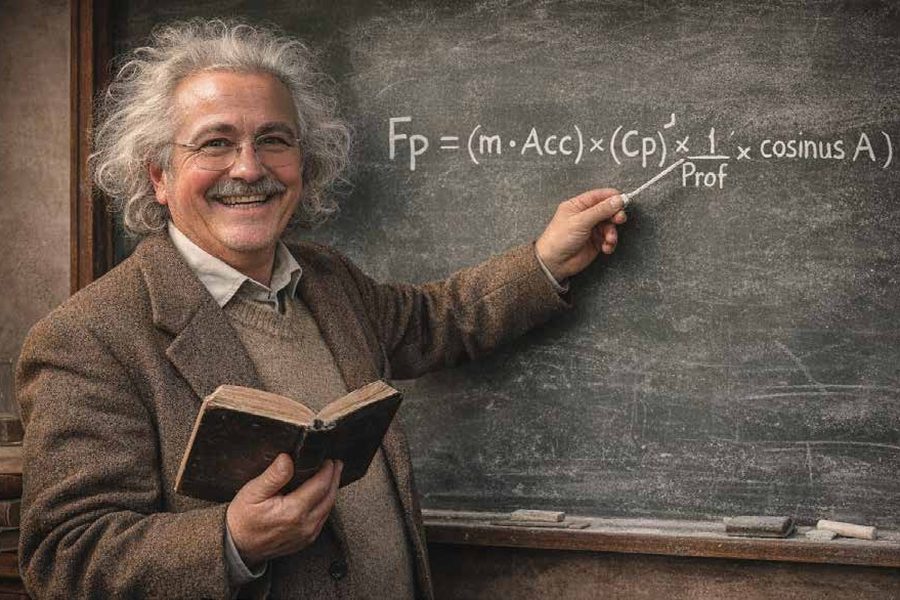 Professeur devant un tableau noir où est écrite la formule de la force de pénétration d’un hameçon