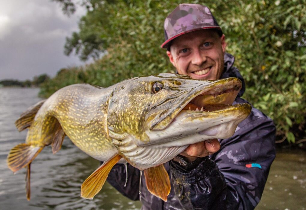 Pêcheur souriant tenant un gros brochet au bord d’une gravière en automne