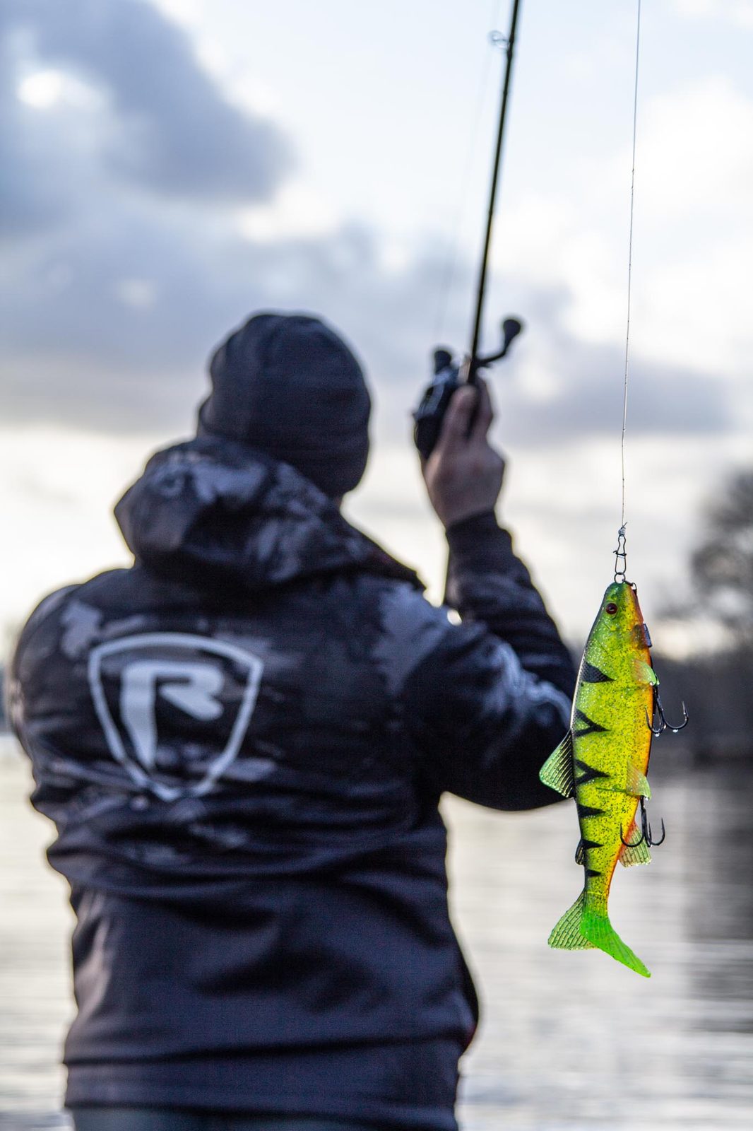 Pêcheur de dos tenant une canne casting et un swimbait imitation perche pour le gros brochet