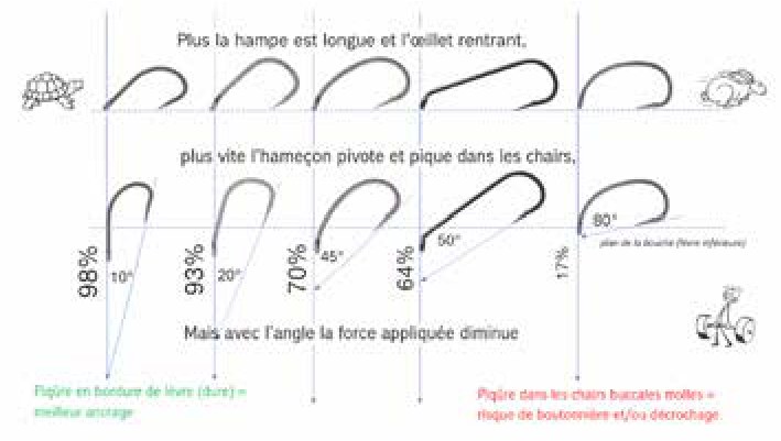 Schéma : plus la hampe est longue et l’œillet rentrant, plus vite l’hameçon pivote, mais plus l’angle augmente, plus la force appliquée diminue